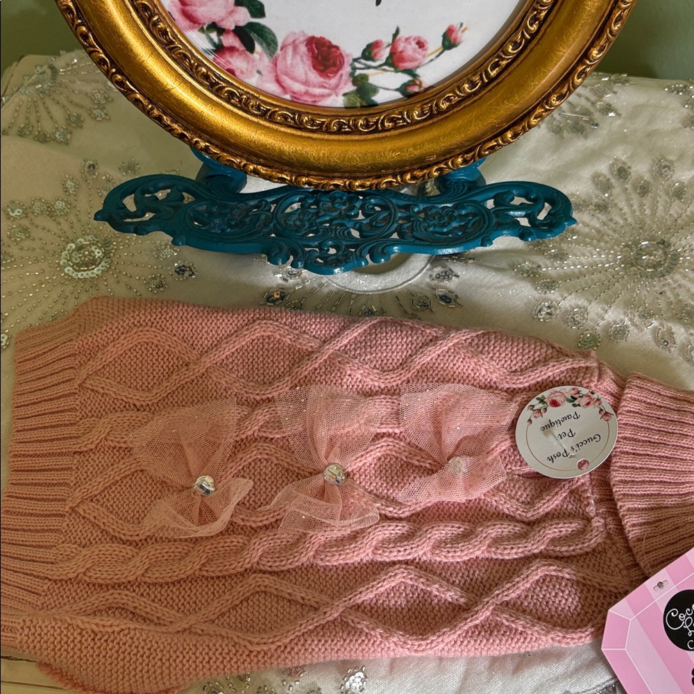 Pink Knit Sweater with Bow Accents  and Glitter
Valentines Day